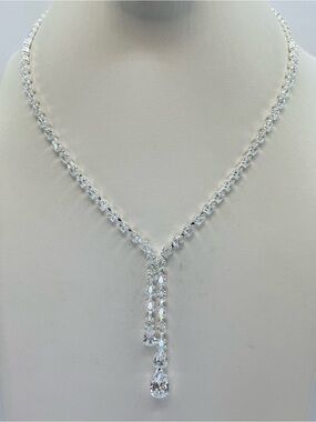 Swarovski Crystal Elements White Crystal Y Drop Tennis Necklace Bridal Formal